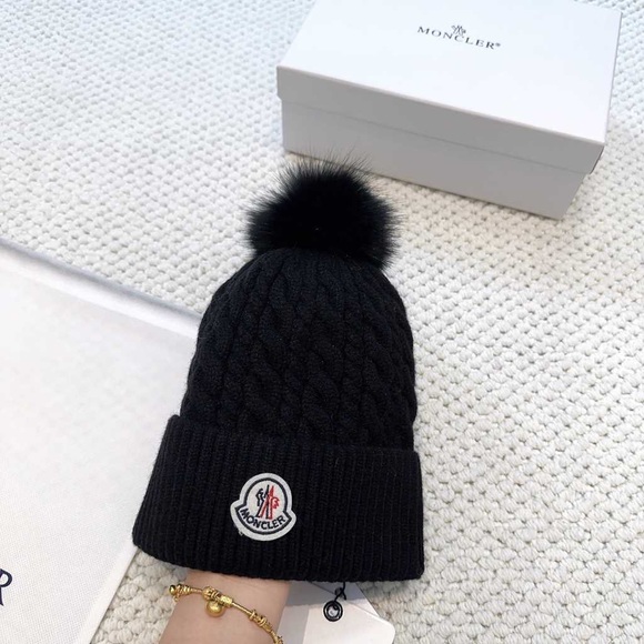 Moncler Black Cable Knit Hat with Pom Pom - Picture 1 of 6